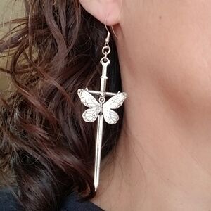 Silver Butterfly Sword Earrings, Women's Sword Earrings, Goth, Gothic Jewelry